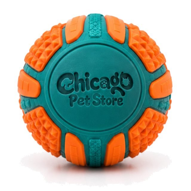Teal and orange textured rubber fetch ball for dogs
