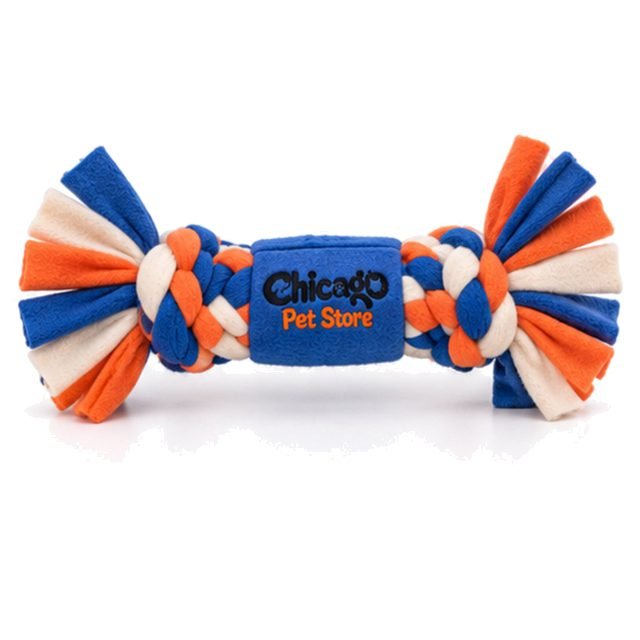 Braided fleece dog tug toy in blue, orange and ivory