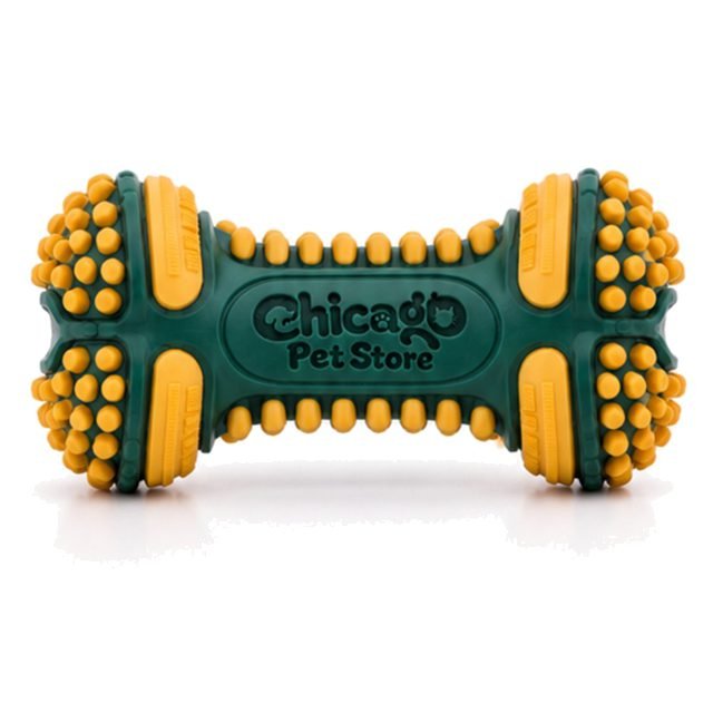 Forest green rubber dog chew bone with yellow ridges