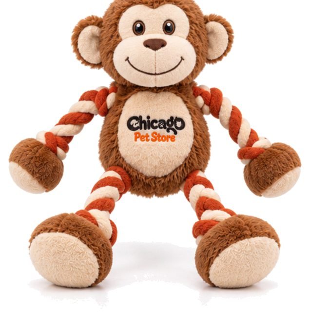 Plush monkey dog toy with braided rope arms and legs