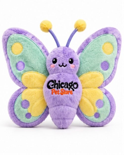 Lavender crinkle butterfly cat toy with mint green and yellow wings, front view