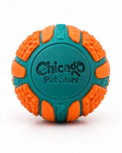 Teal and orange textured rubber dog fetch ball with logo, front view