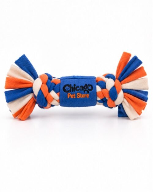 Braided fleece dog tug toy in blue, orange and ivory with logo, front view